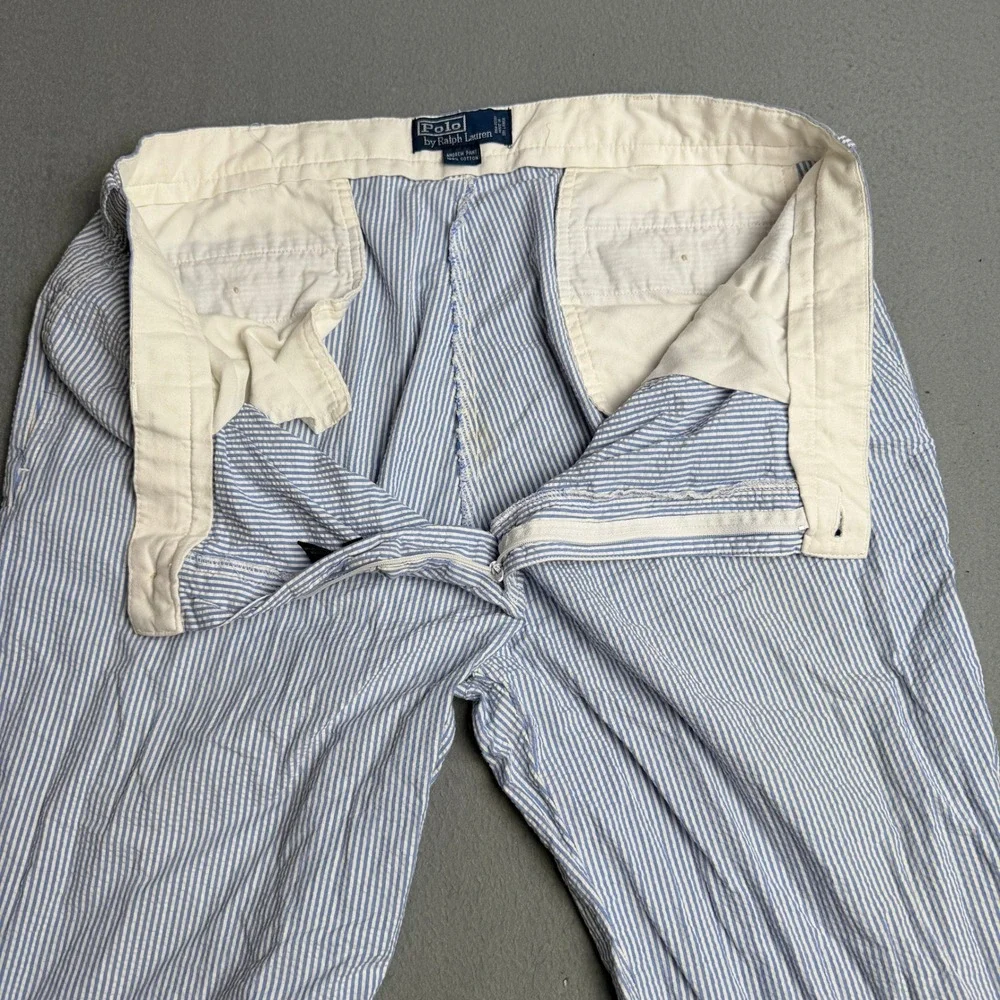 Polo Ralph Lauren Andrew Pant Mens 40x30 Blue White Seersucker Striped Pleated